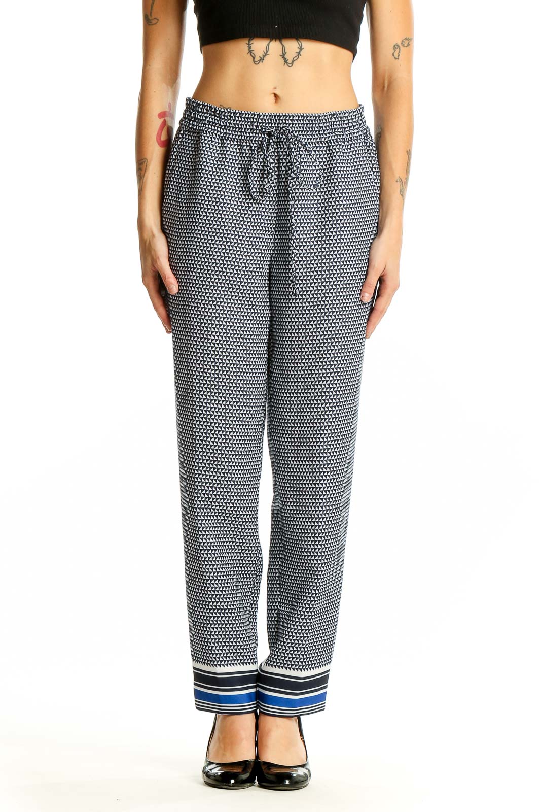 Gray Geometric Print Drawstring Pants Front
