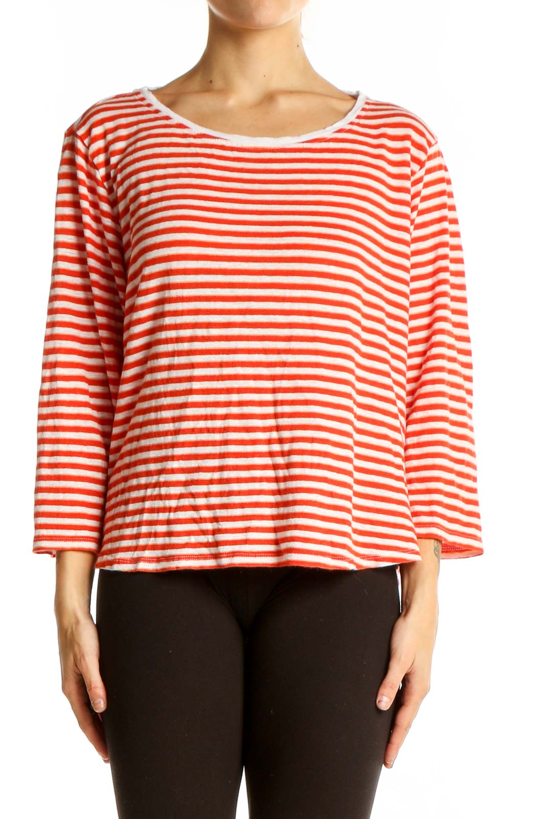 Orange Striped Linen Relaxed Fit Top Front