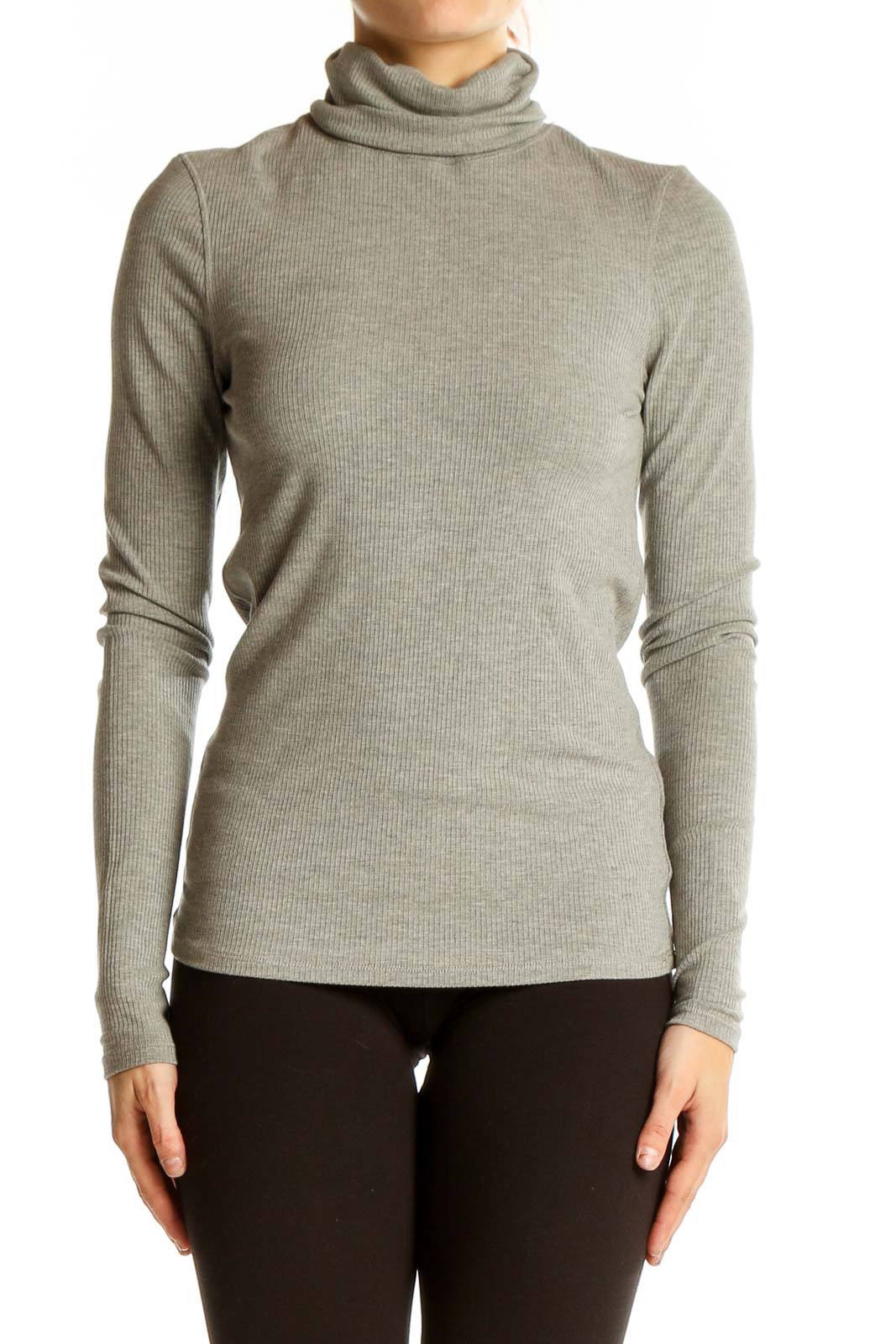 Gray Ribbed Turtleneck Top Front