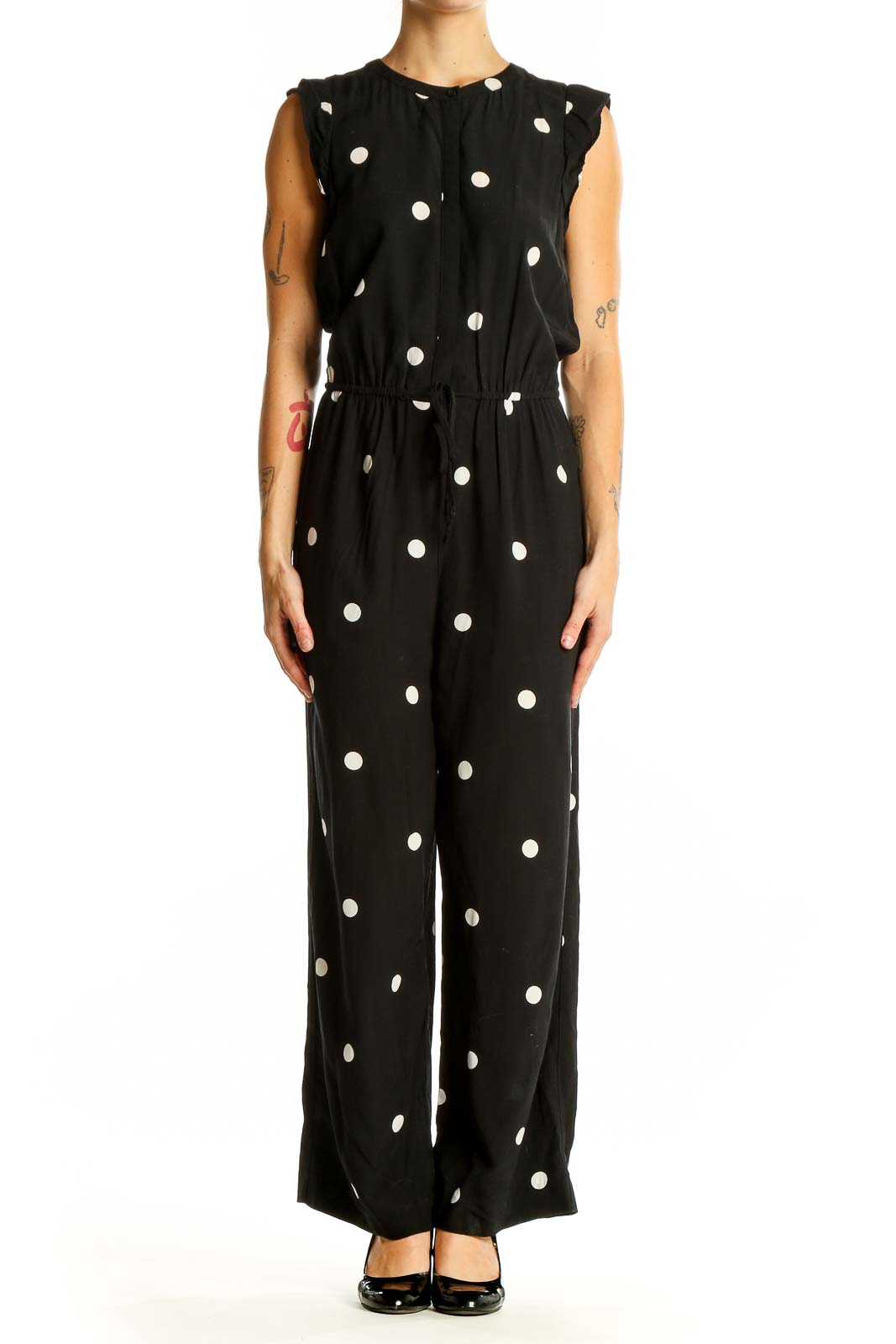Black Polka Dot Sleeveless Jumpsuit Front