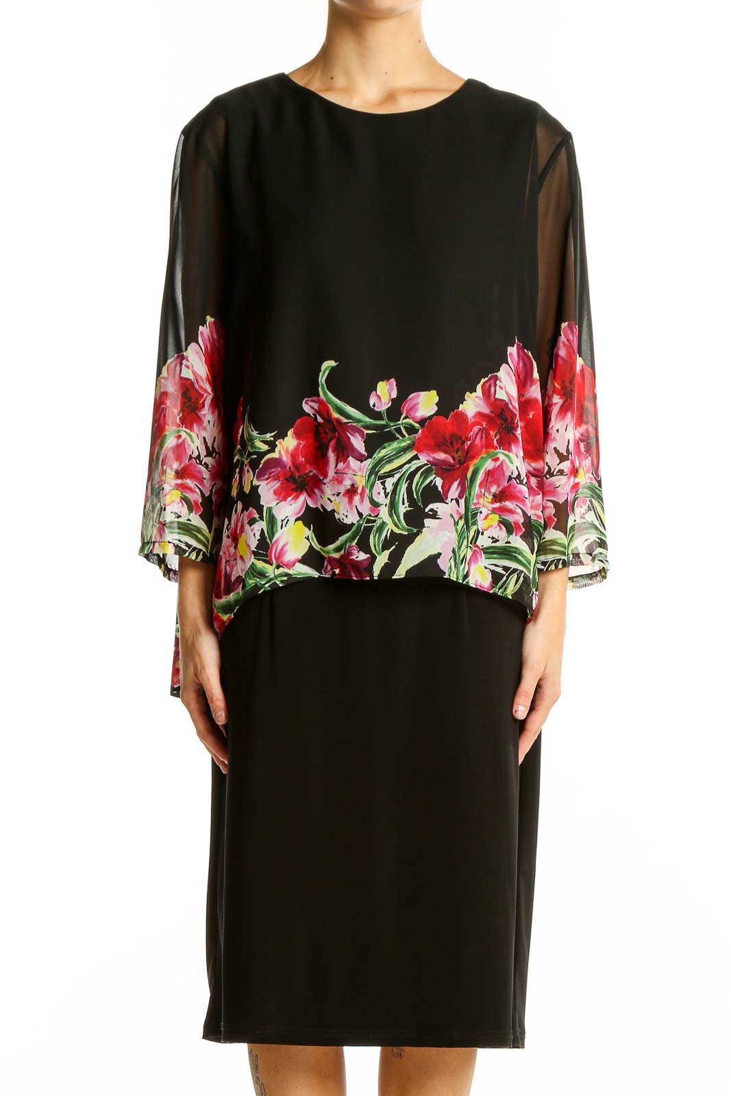Black Floral Overlay Cocktail Dress Front