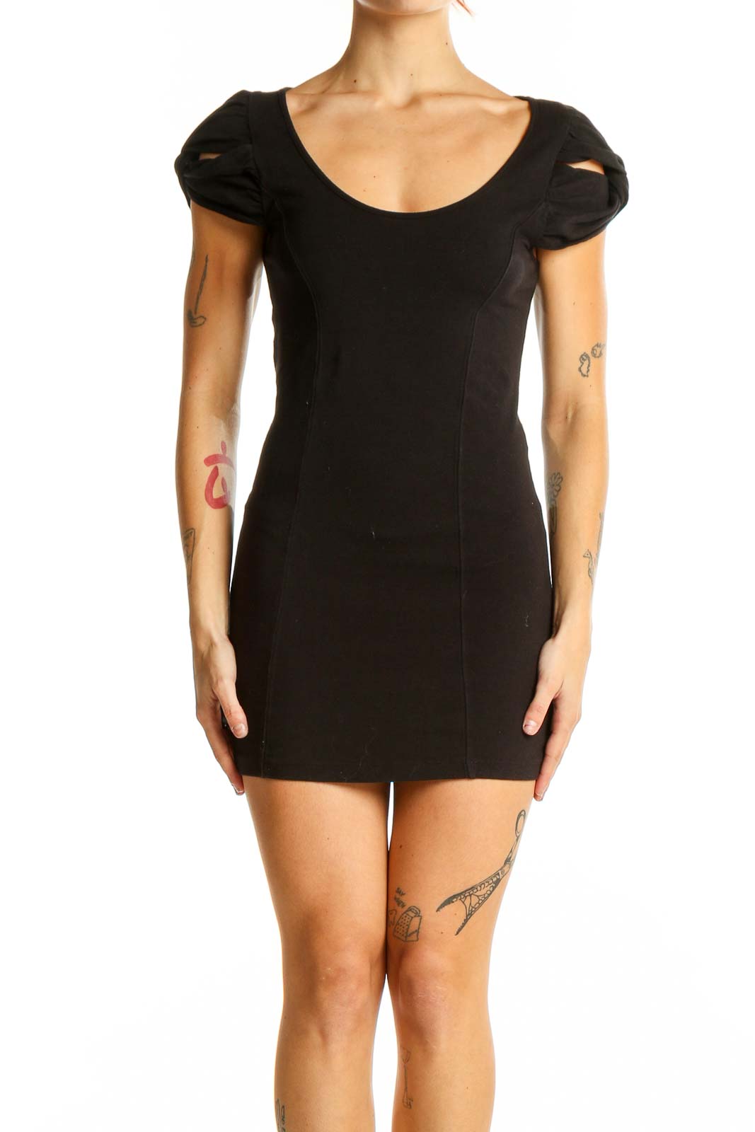 Black Bodycon Mini Dress with Cut-Out Sleeves Front