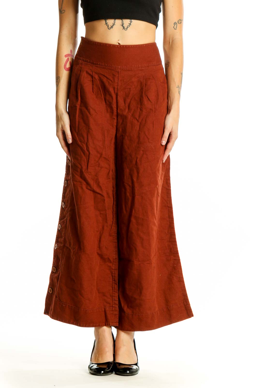 Rust Wide-Leg Cotton-Linen Pants Front