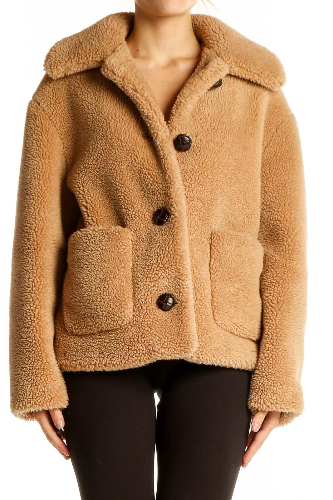 Camel Teddy Bear Cropped Jacket Front