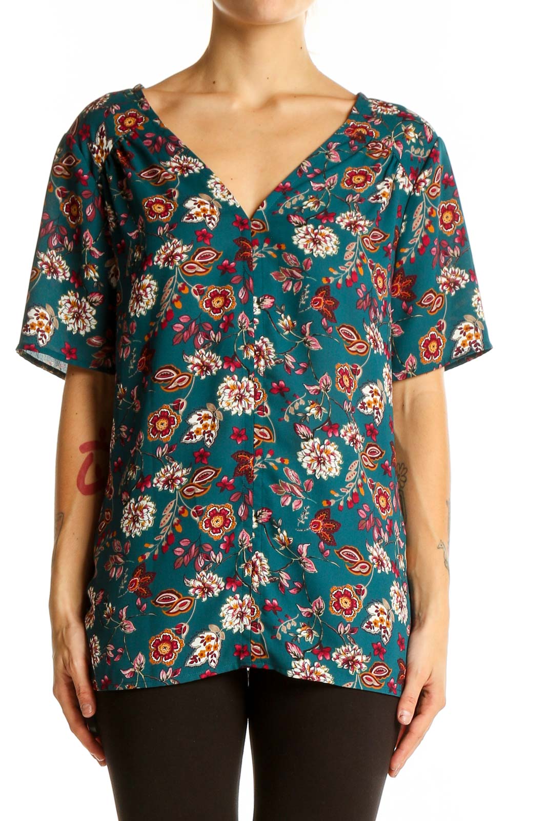Teal Floral V-Neck Short Sleeve Blouse Front