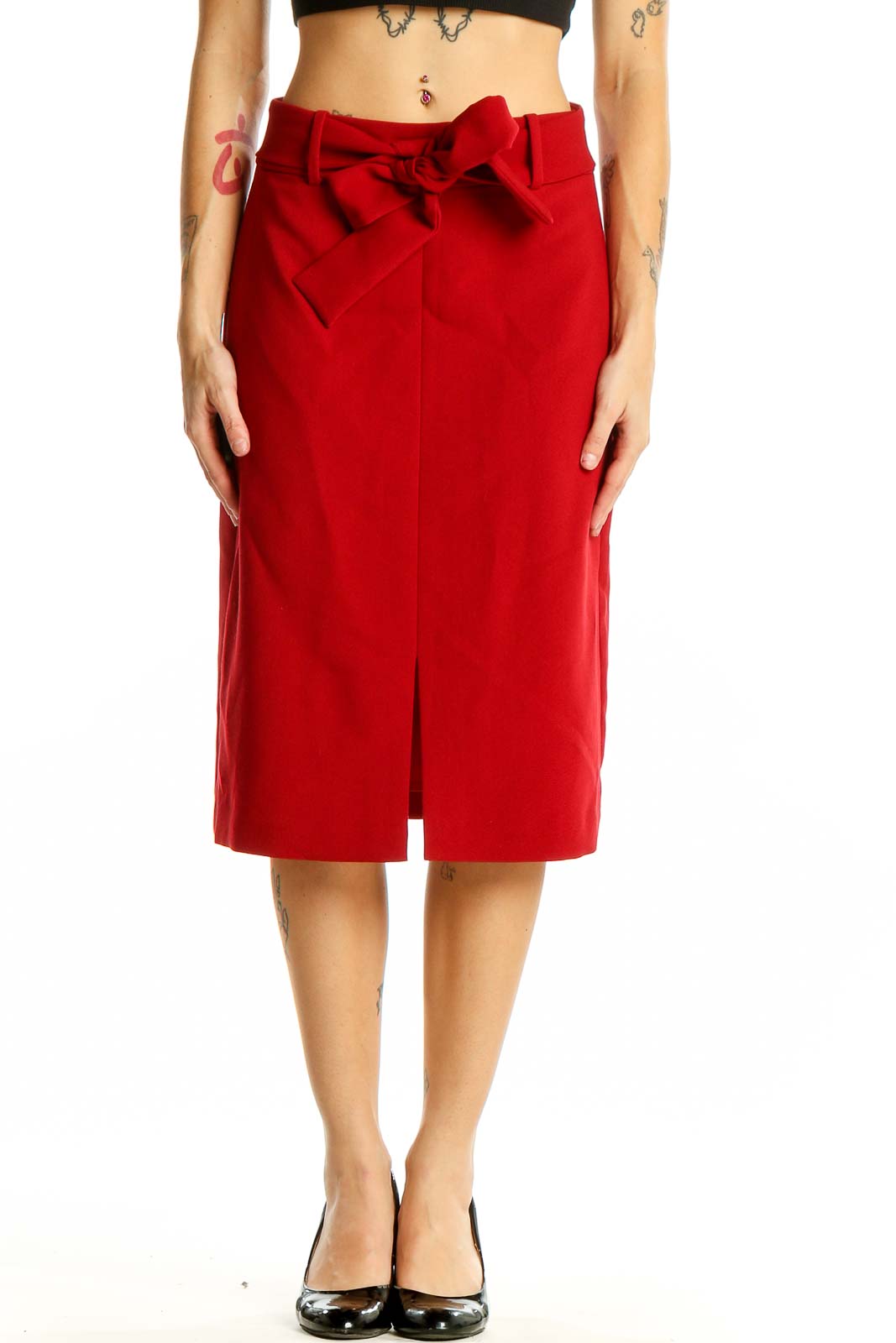 Red Belted Pencil Skirt Front