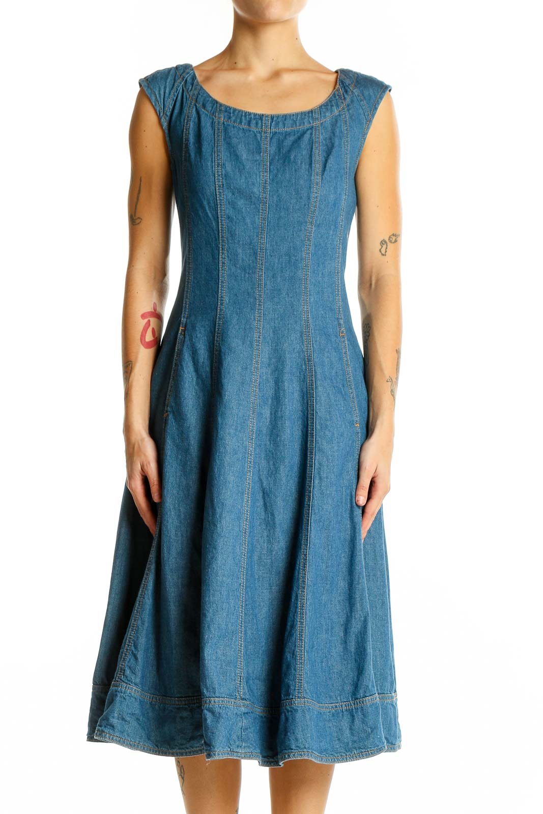 Blue Denim Fit-and-Flare Midi Dress Front