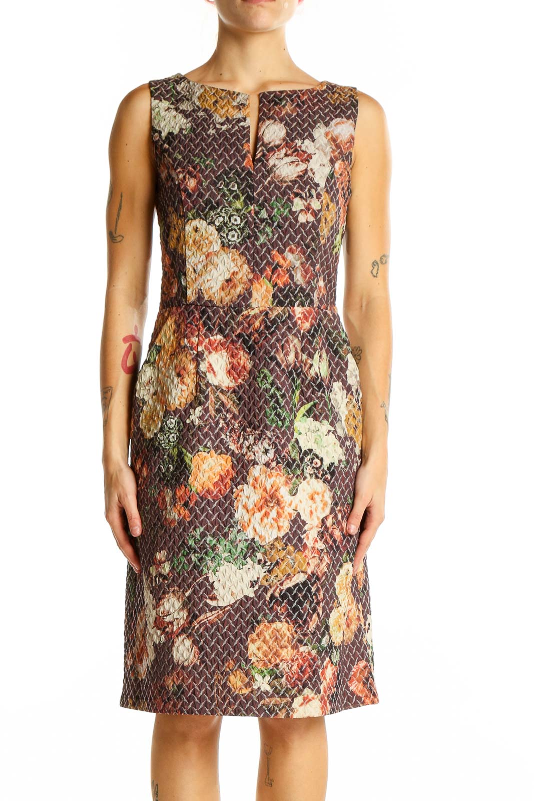 Brown Floral Sleeveless Sheath Dress Front