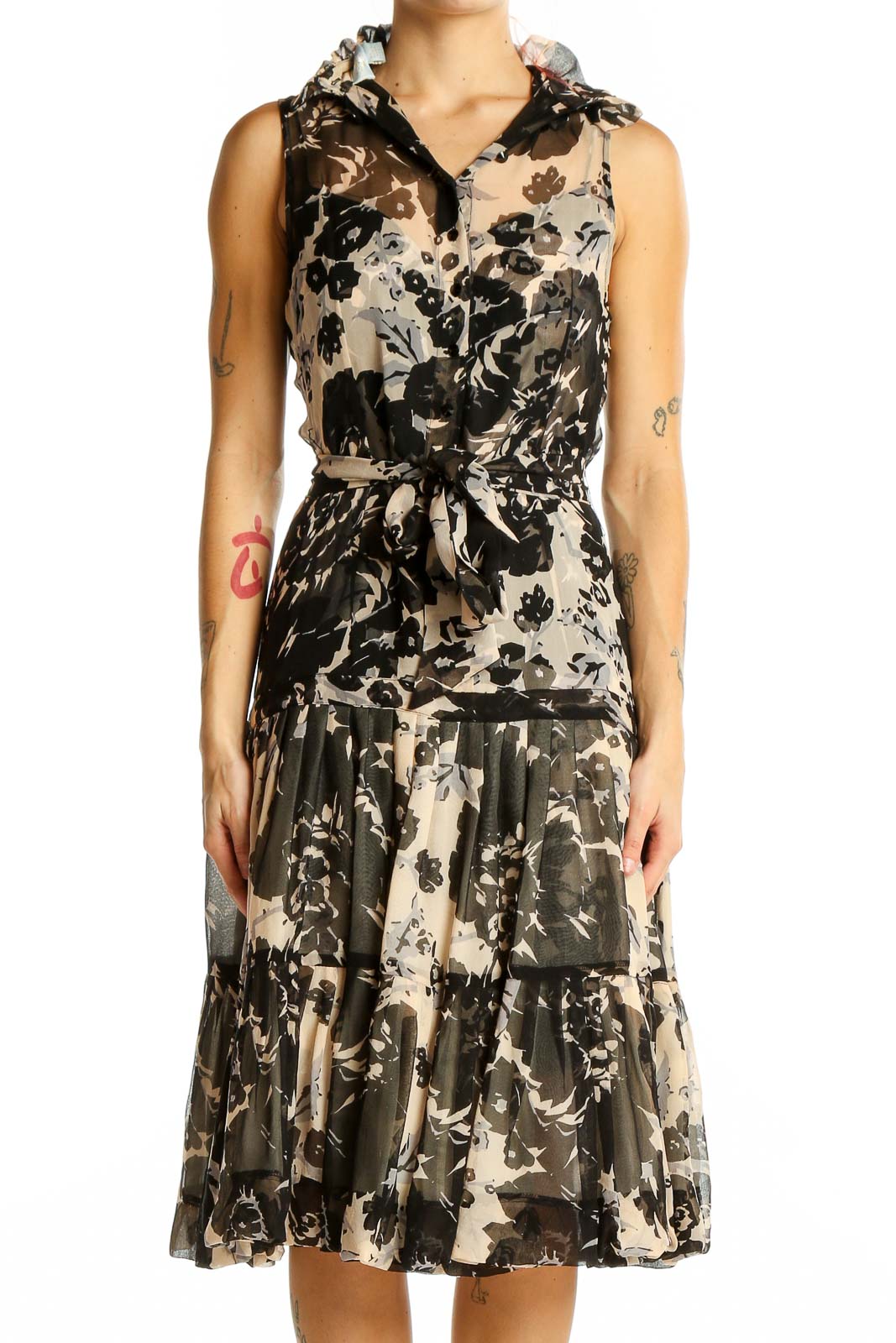 Black and Beige Floral Silk Midi Dress Front