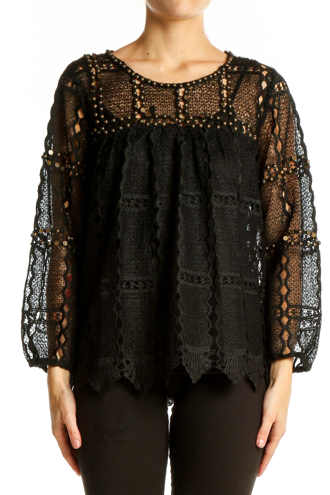 Black Lace Crochet Overlay Blouse Front