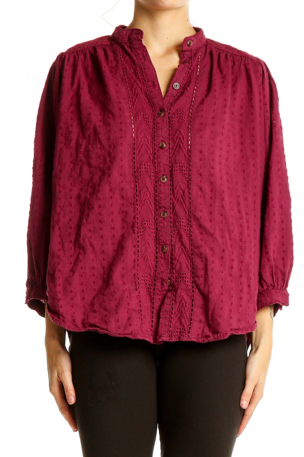 Burgundy Textured Cotton Button-Up Blouse Front