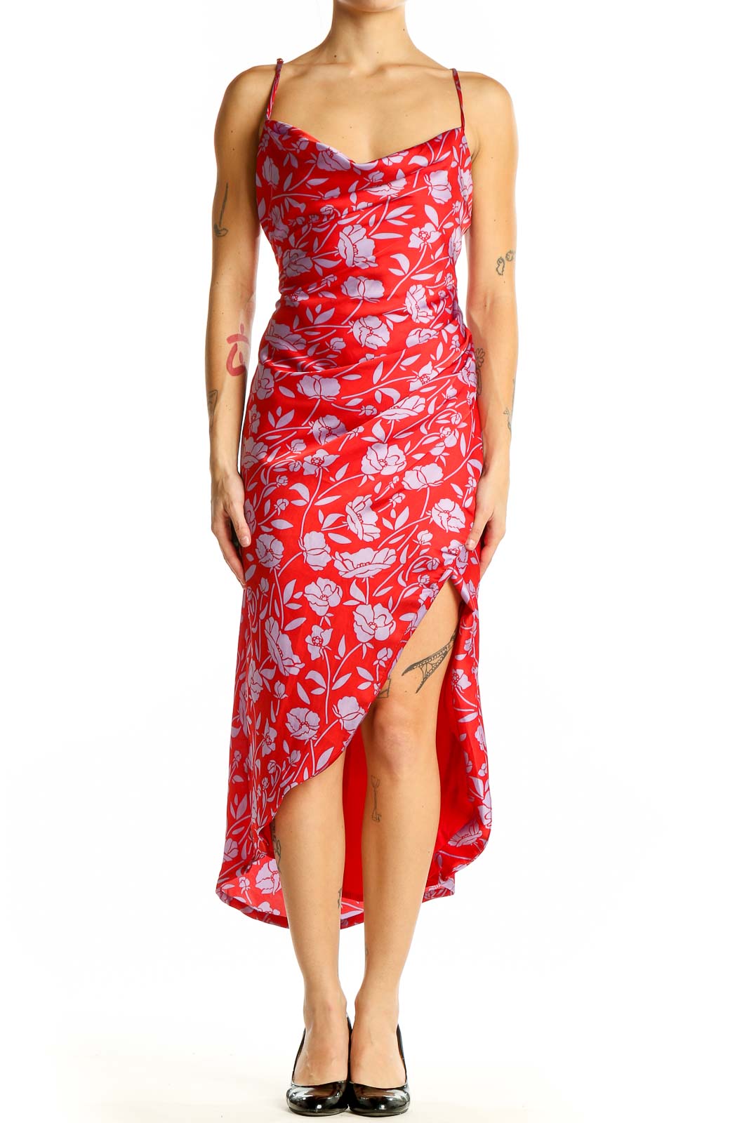 Red Floral Print Midi Dress Front