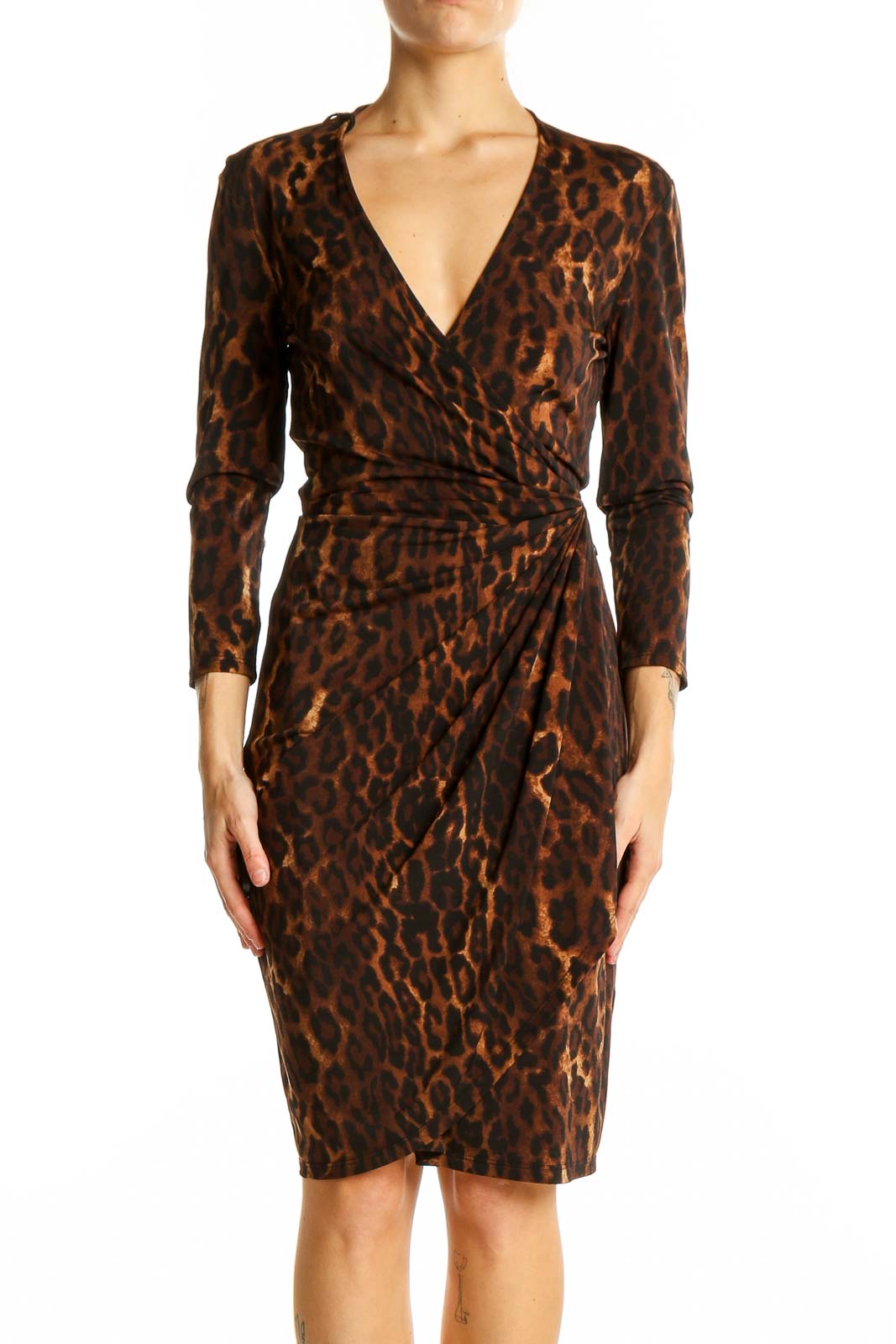 Brown Leopard Print Wrap Dress Front