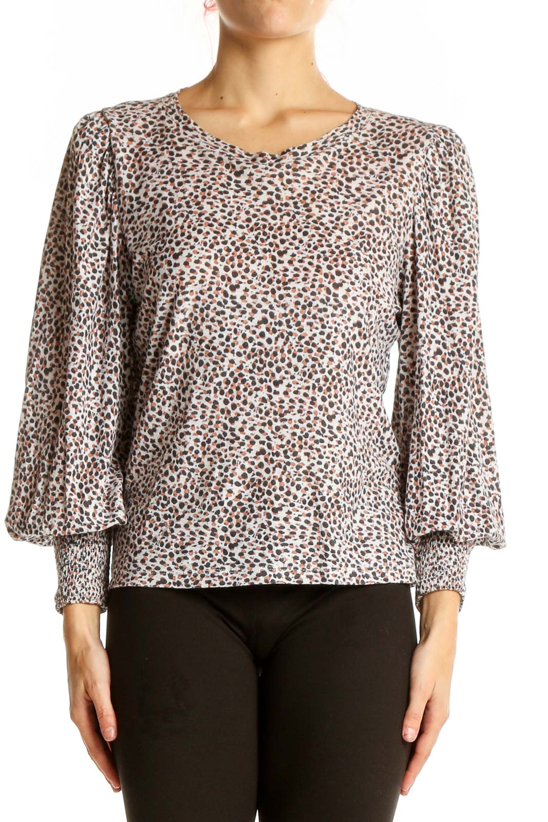 Beige Leopard Print Puff Sleeve Top Front