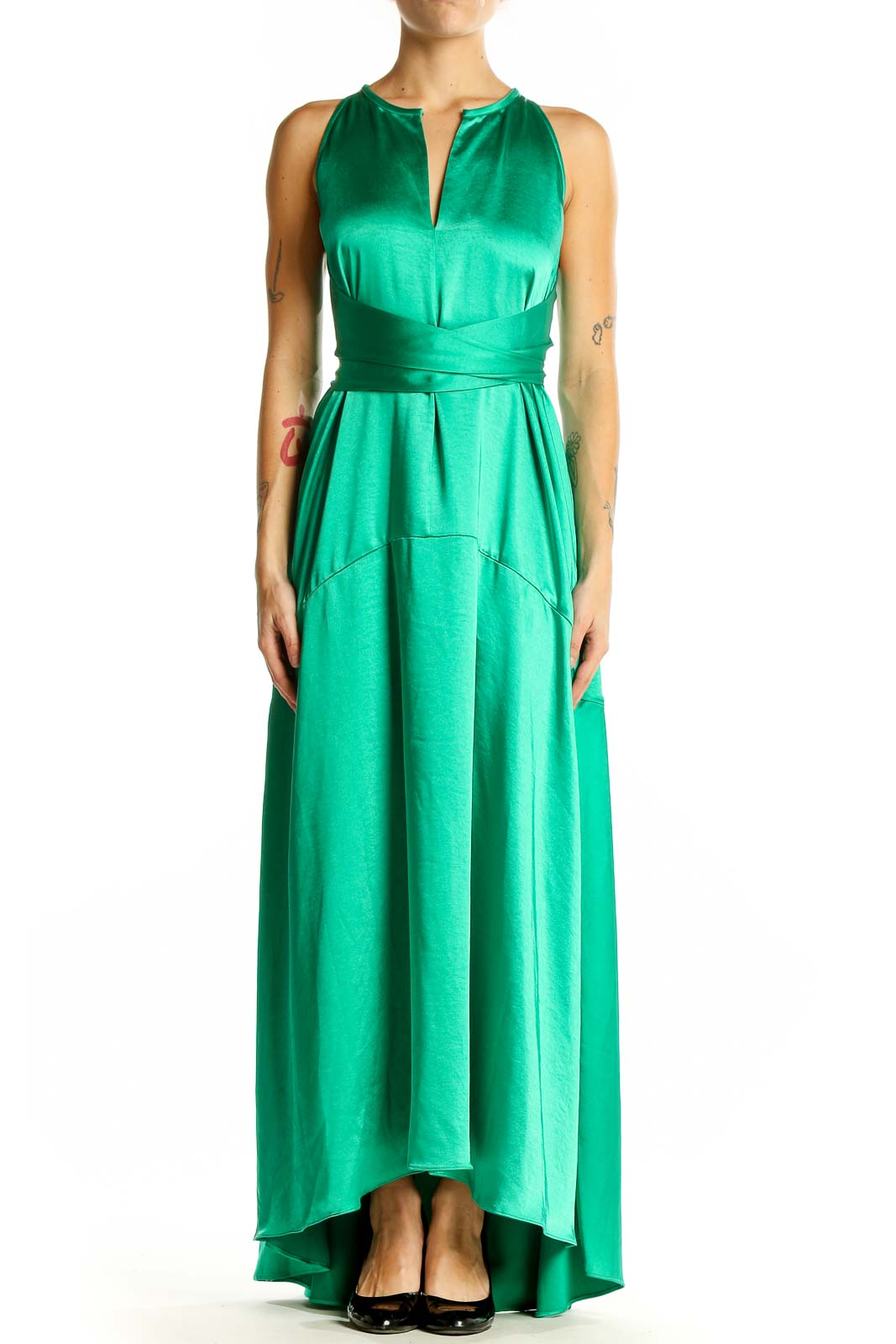 Green Elegant Satin Maxi Dress Front