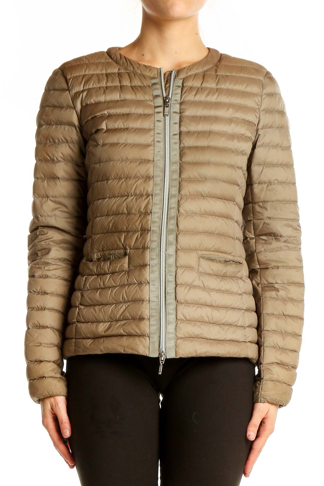 Beige Quilted Down Jacket Front