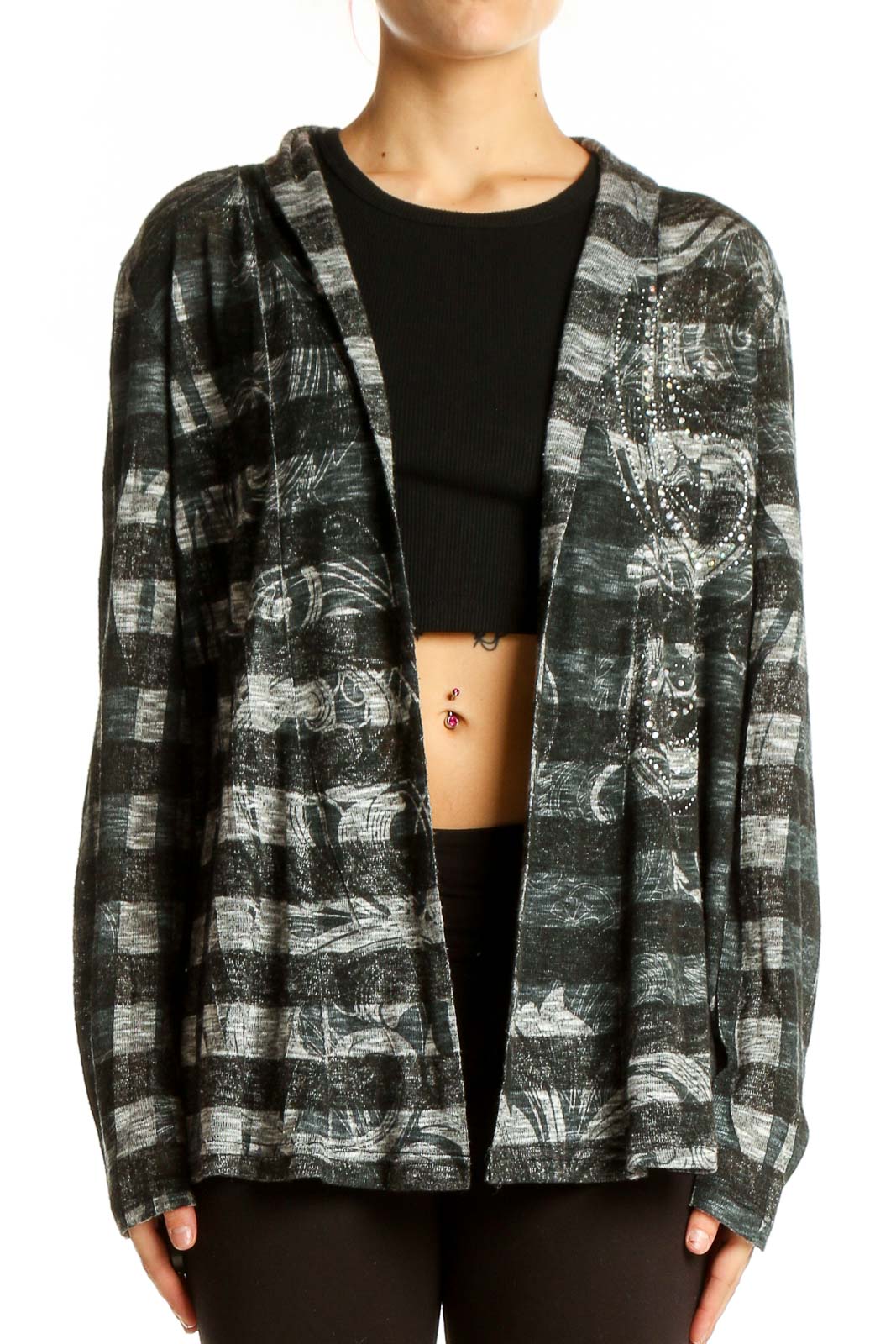 Gray Striped Floral Open Cardigan Front