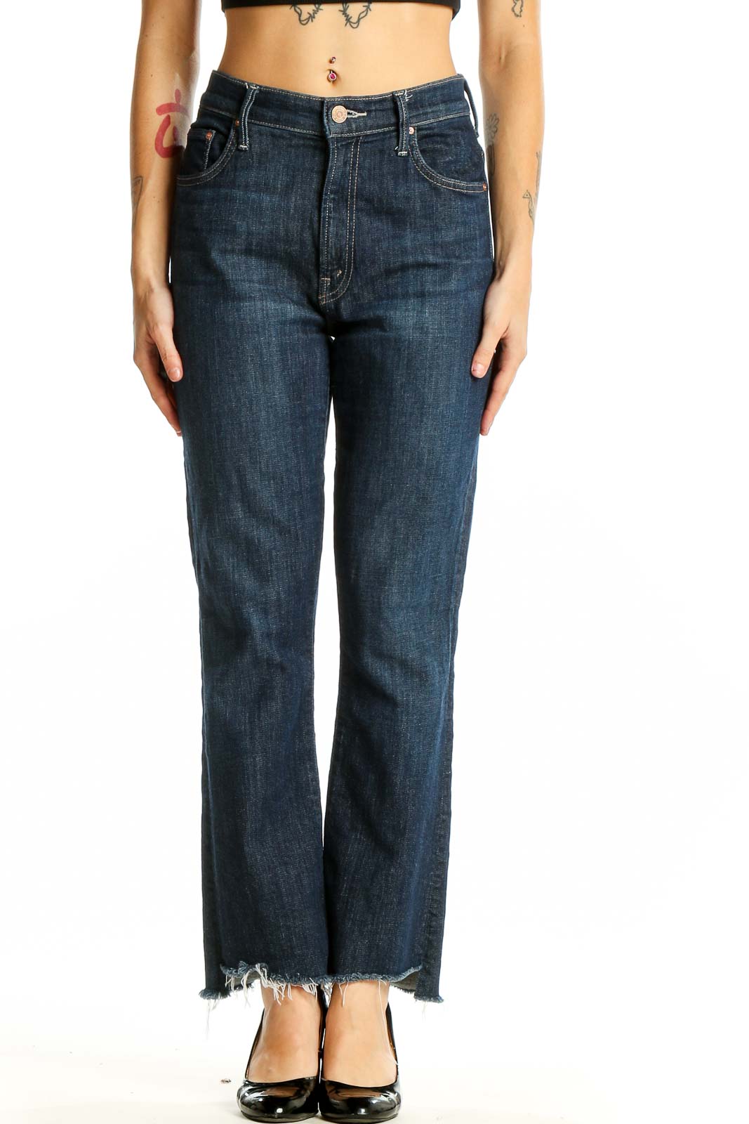 Dark Blue Frayed Hem Straight Leg Jeans Front