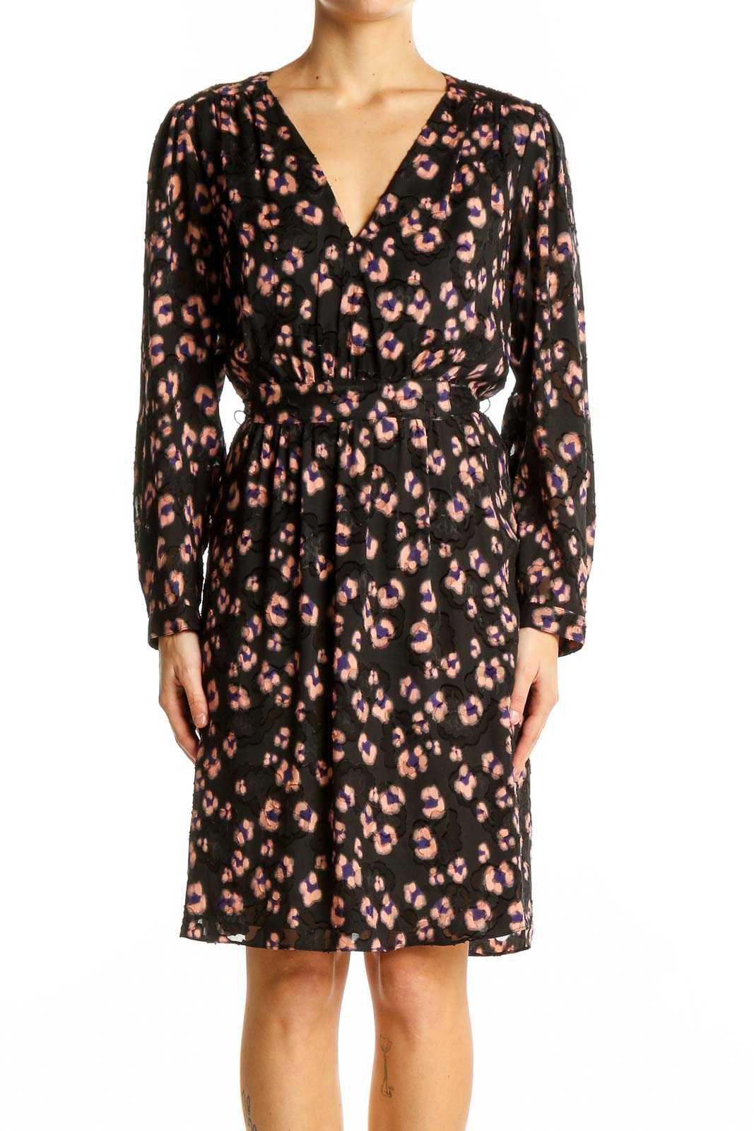 Black Floral Print Wrap Dress Front