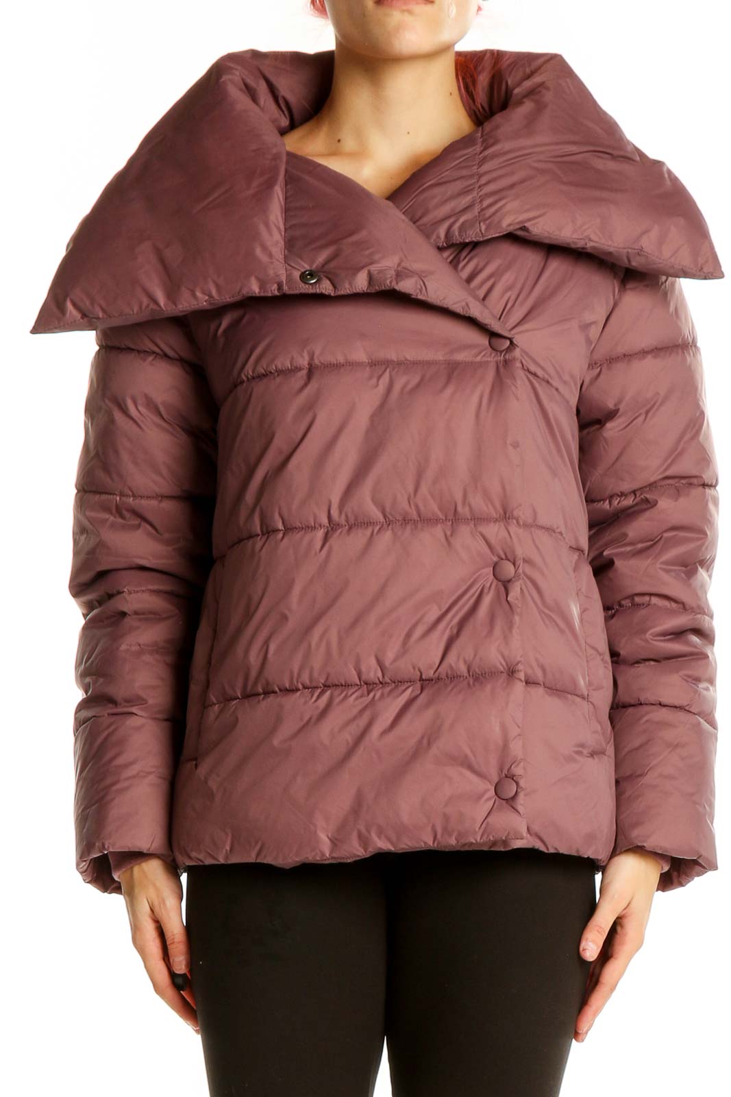 Mauve Puffer Jacket with Oversized Collar Front
