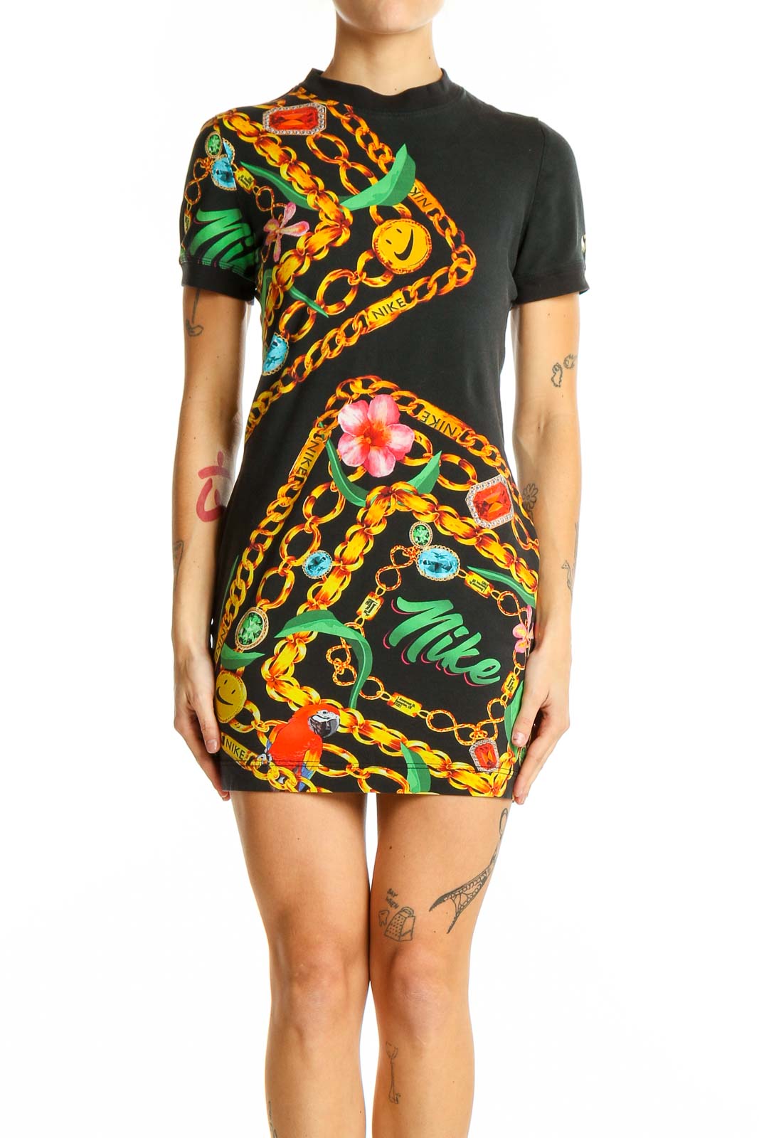 Black Floral Chain Print Mini Dress Front