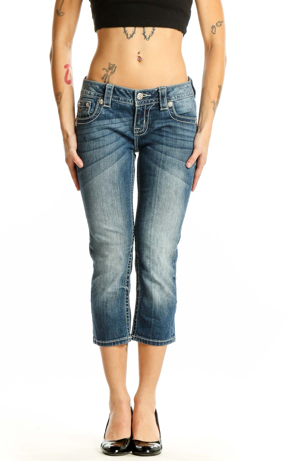 Blue Faded Cropped Denim Jeans Front