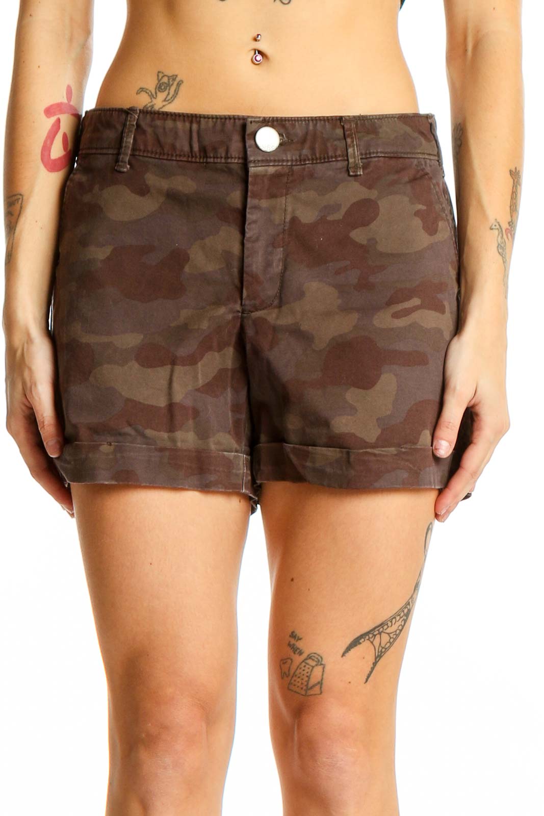 Brown Camouflage Cotton Blend Shorts Front