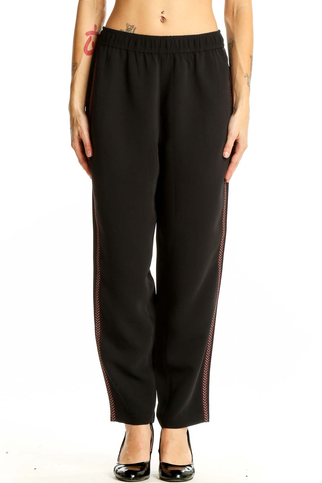 Black Polyester Pants with Side Stripe Front