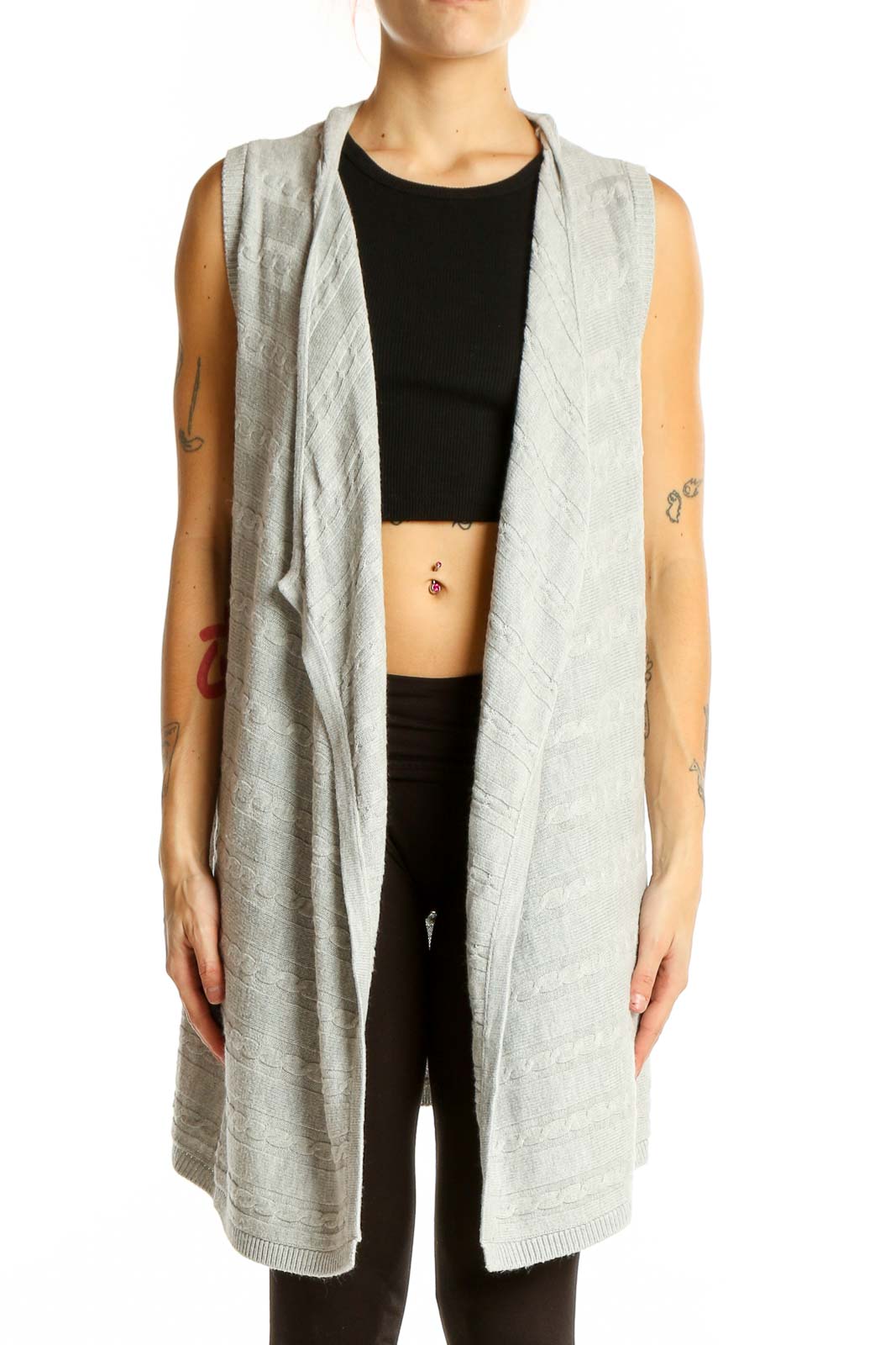 Gray Sleeveless Open Front Knit Cardigan Front