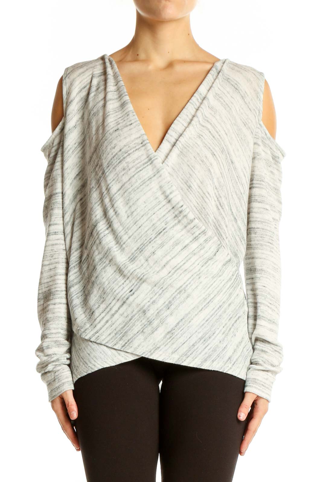 Gray Cold-Shoulder Wrap Knit Top Front