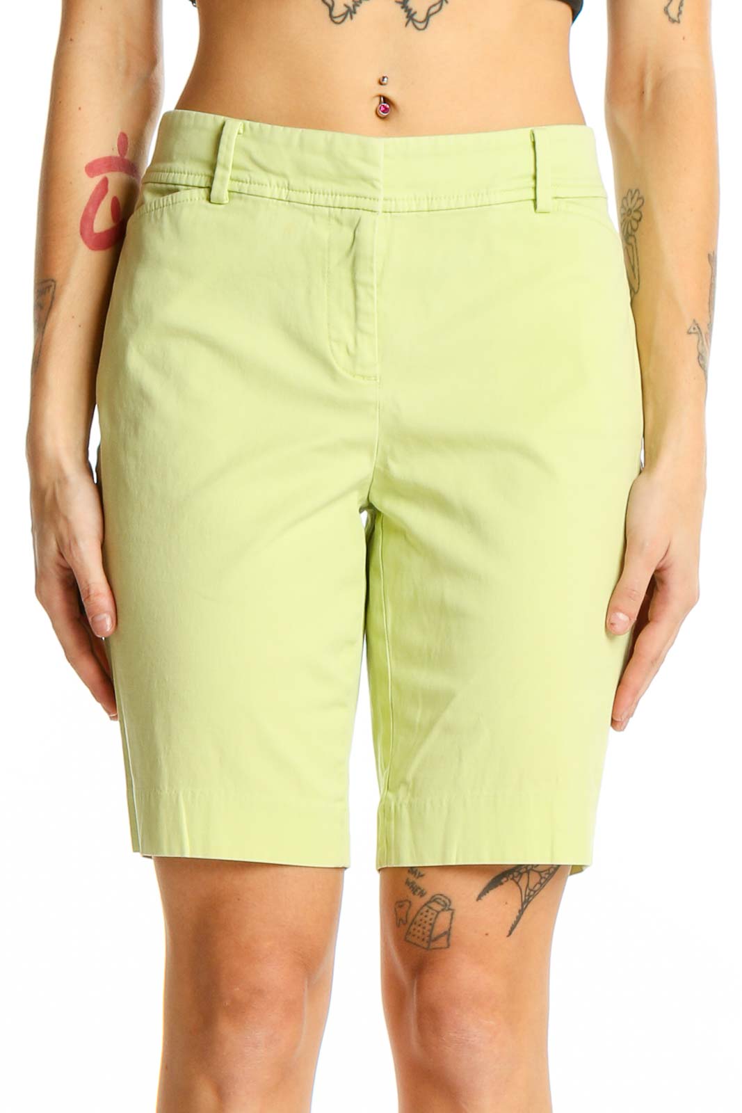 Lime Green Cotton-Blend Bermuda Shorts Front