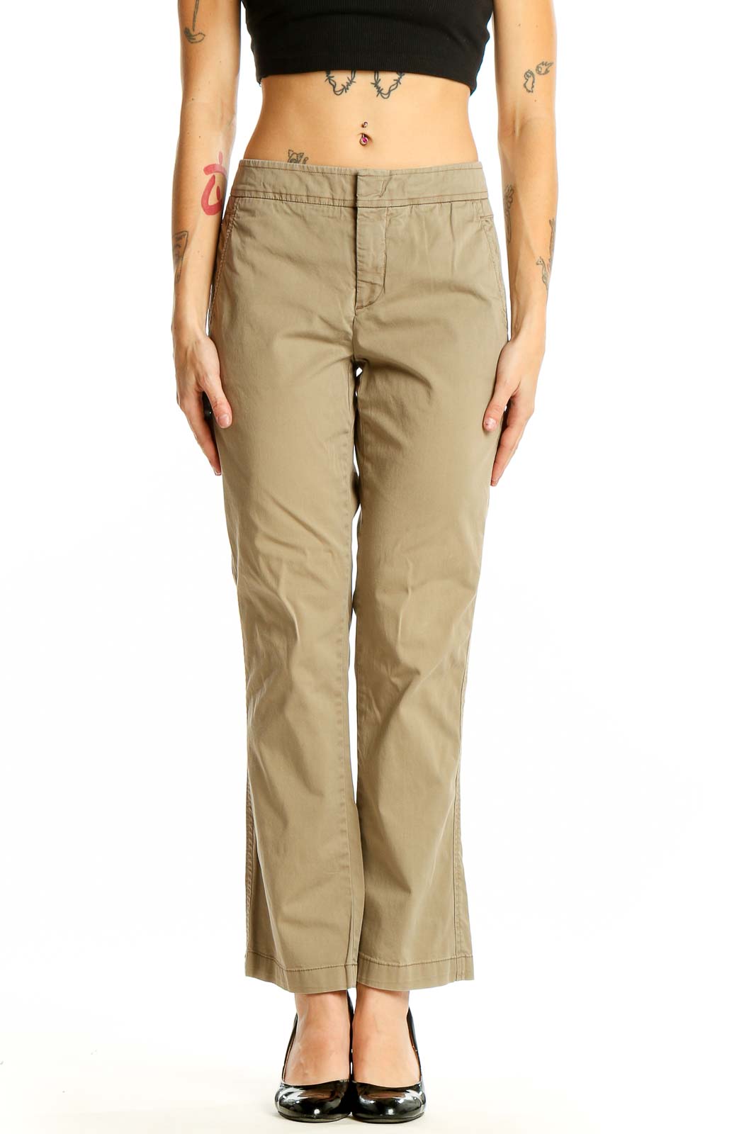 Khaki Cotton-Blend Straight-Leg Pants Front