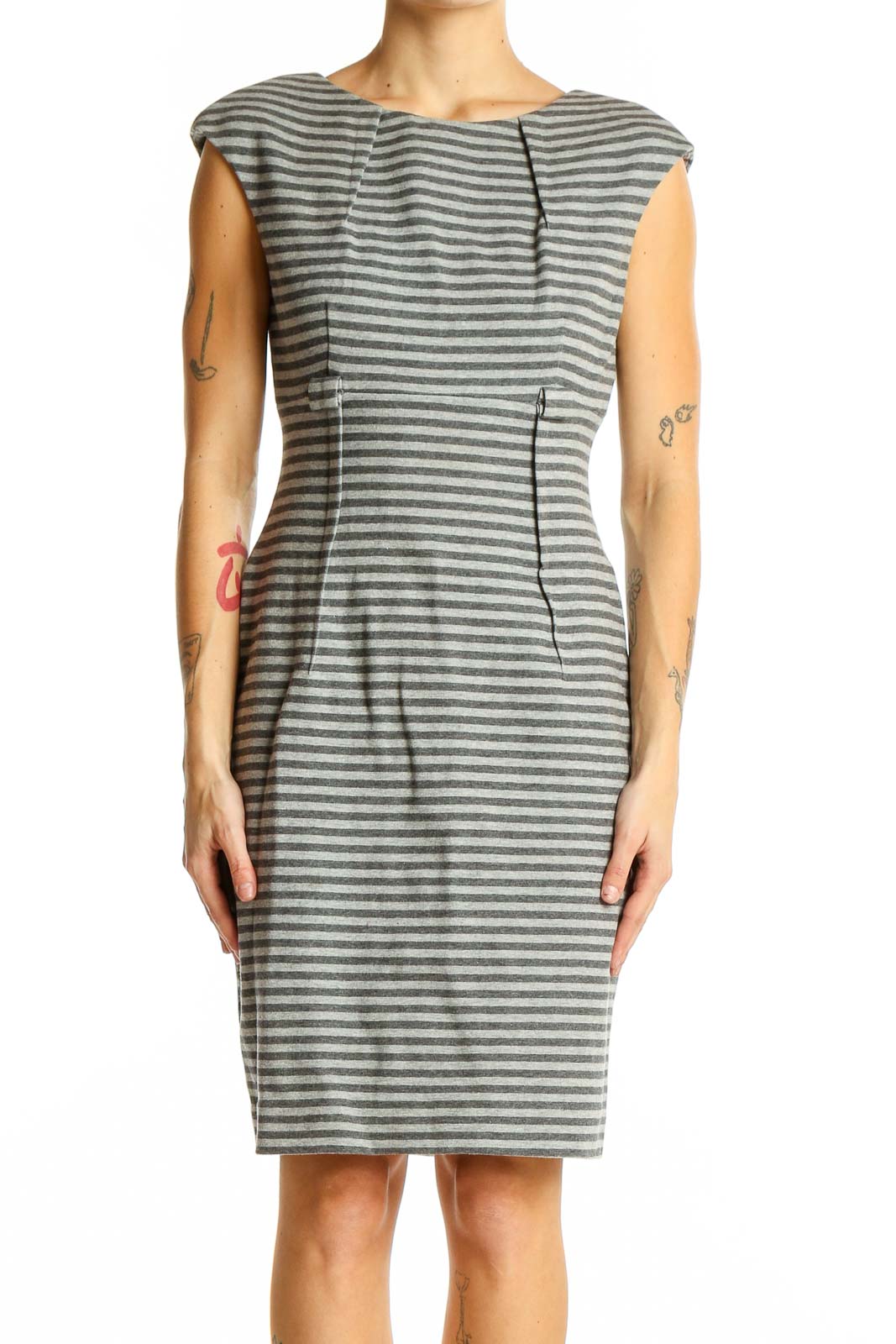 Gray Striped Cap Sleeve Sheath Dress Front
