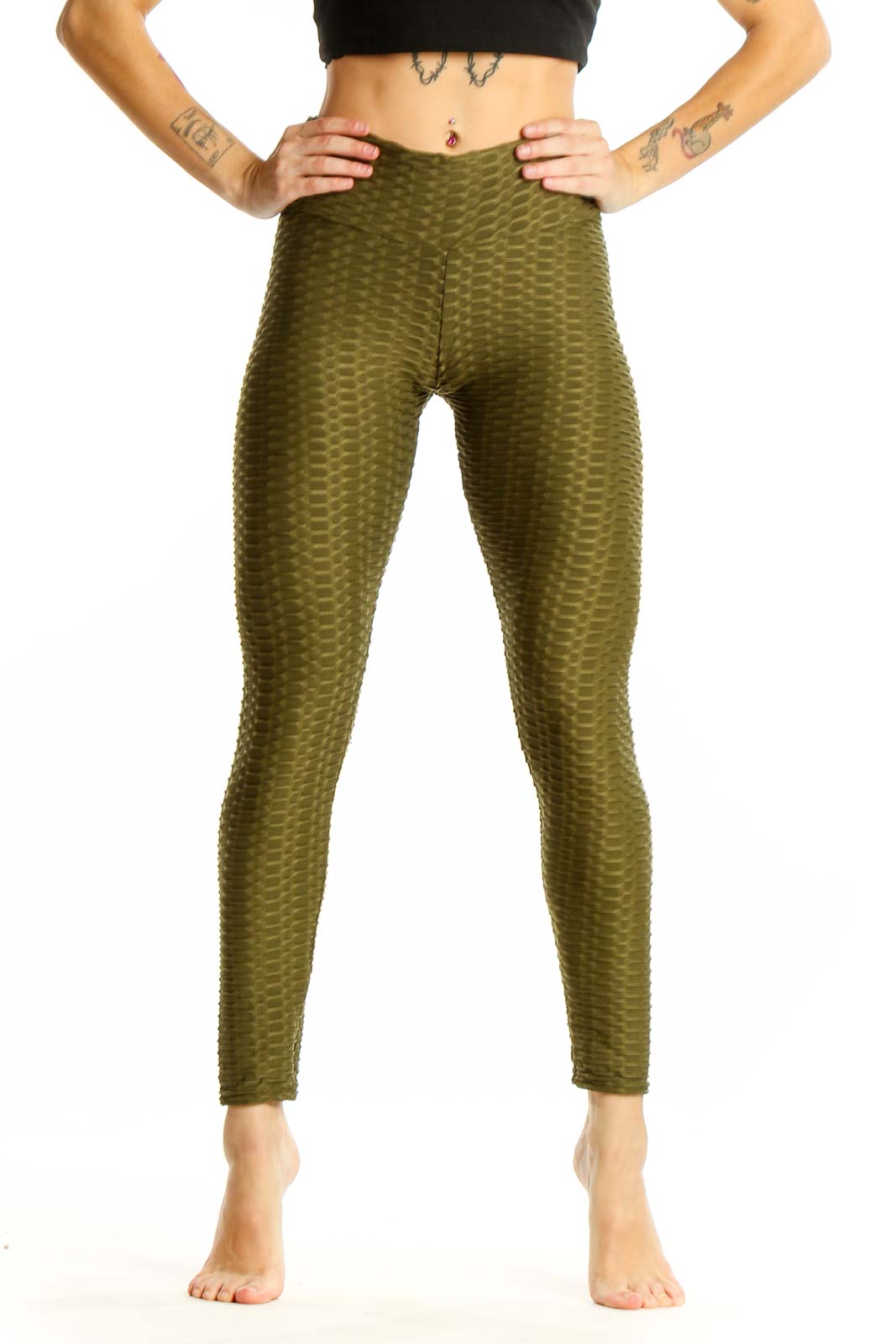 Olive Textured High-Waist Activewear Leggings Front