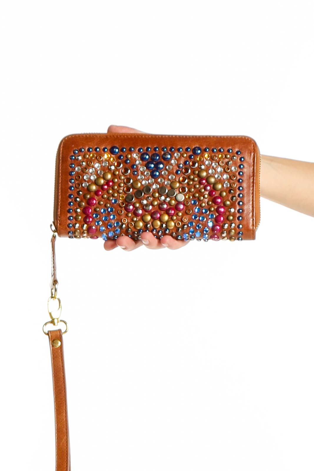 Brown Studded Leather Clutch Wallet Front