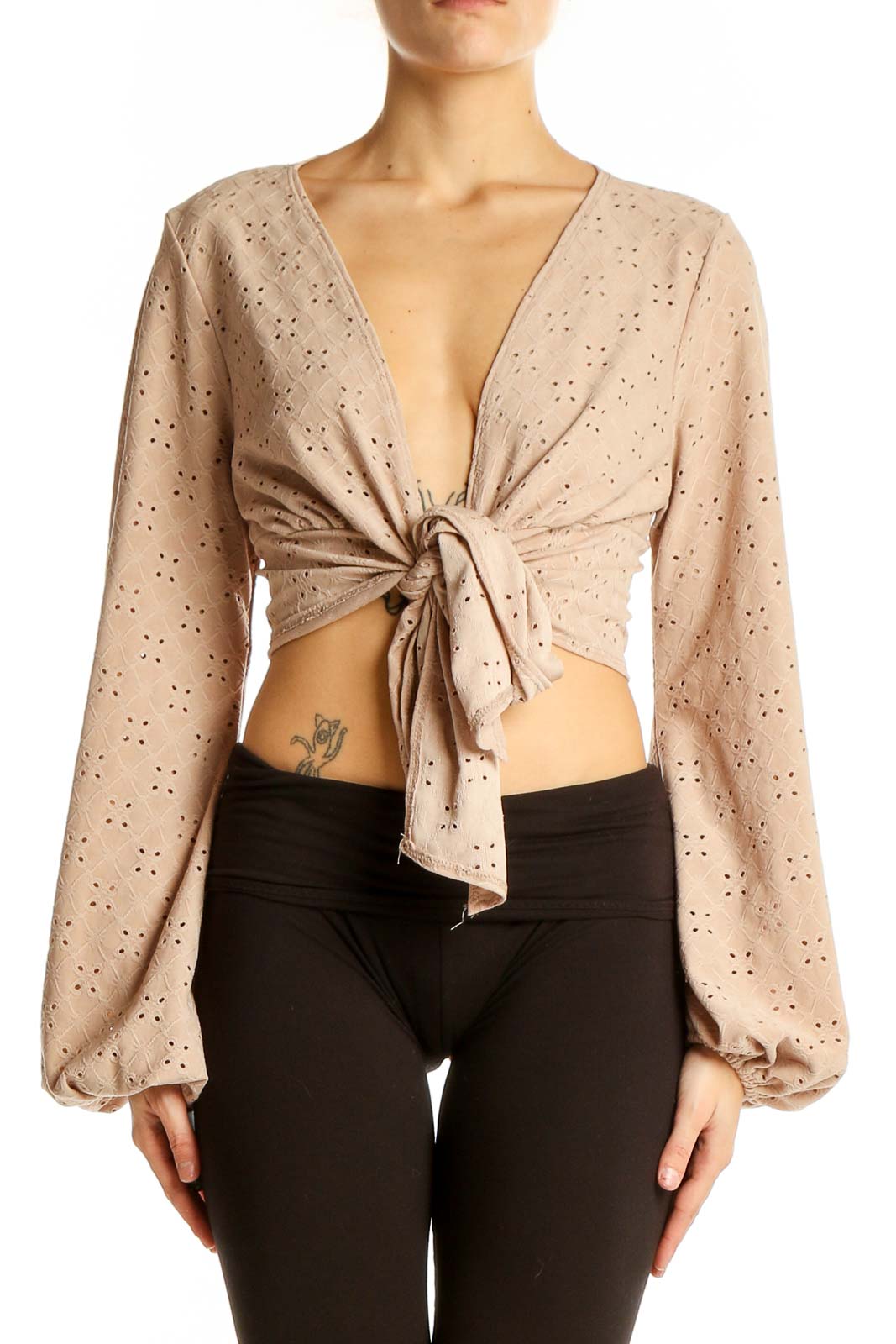 Beige Eyelet Tie-Front Crop Top Front