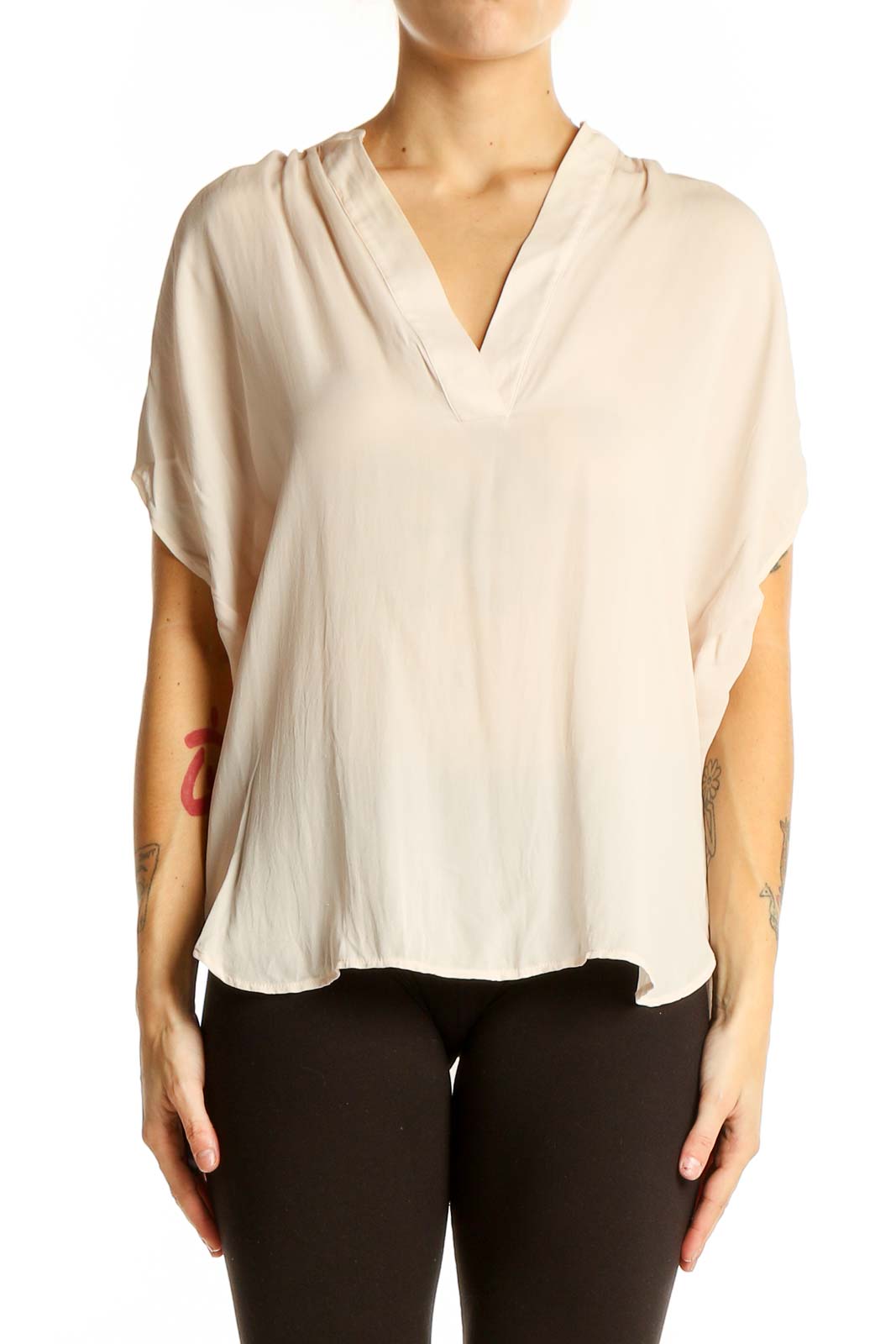 Cream Silk V-Neck Blouse Front