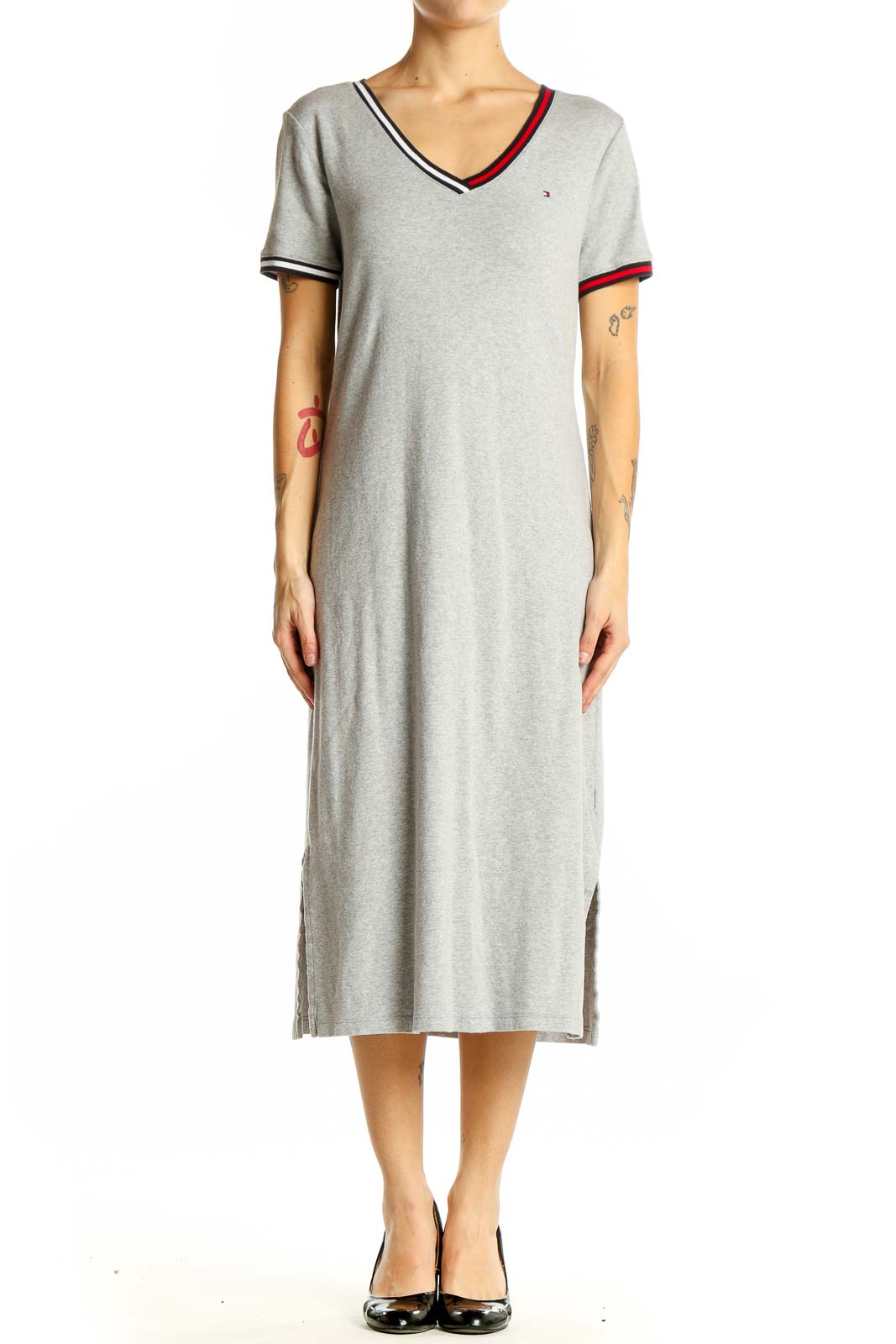Gray Cotton V-Neck Midi Dress Front
