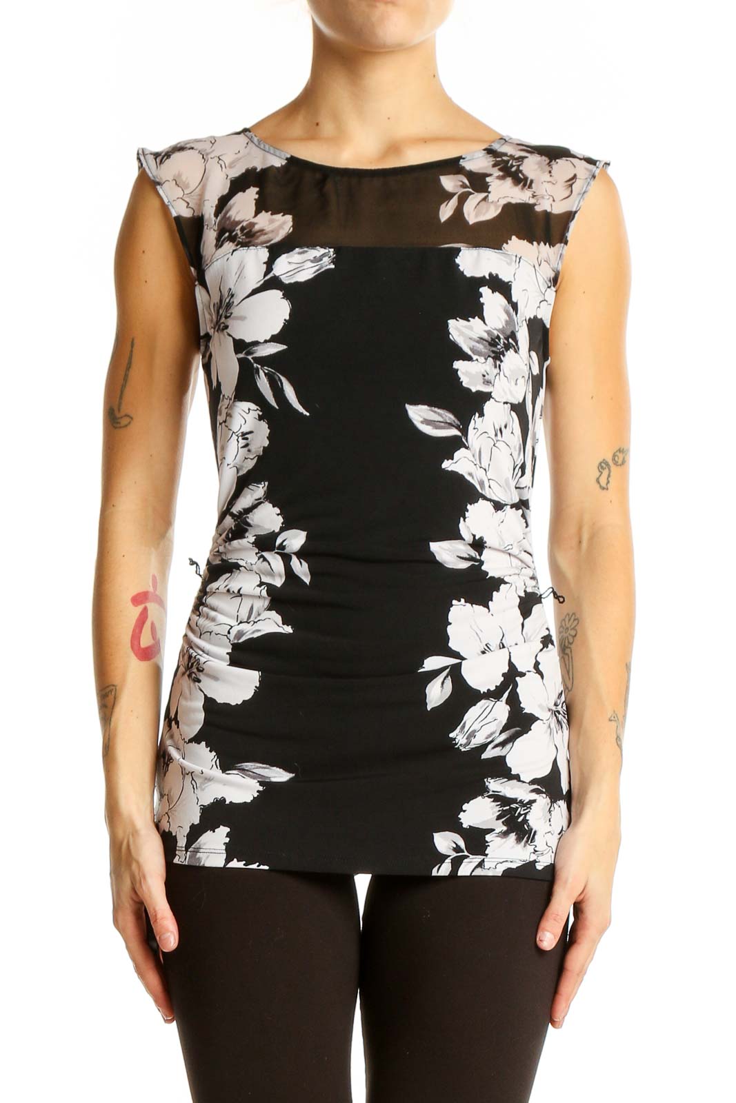Black and White Floral Sleeveless Top Front