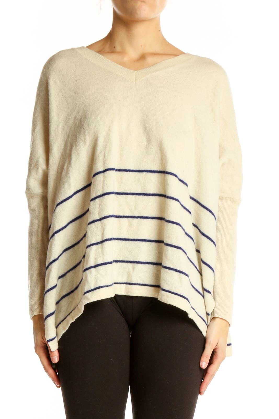 Cream Striped Cashmere V-Neck Sweater Front