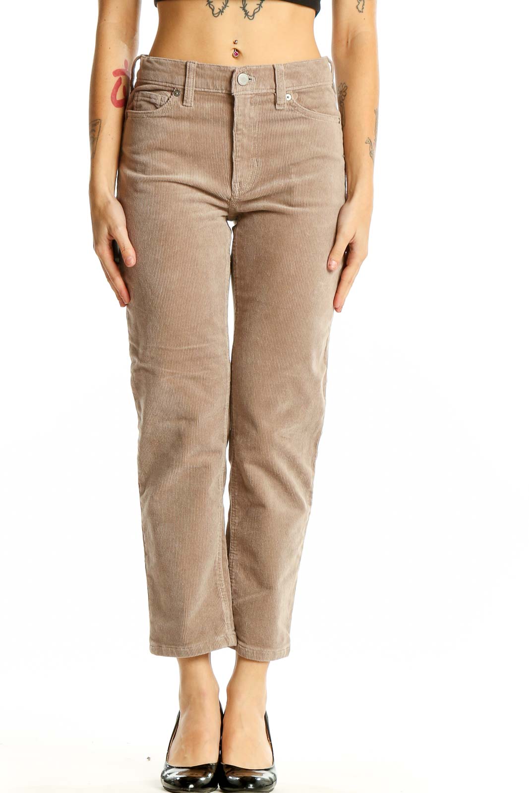Beige Cotton-Blend Straight-Leg Pants Front