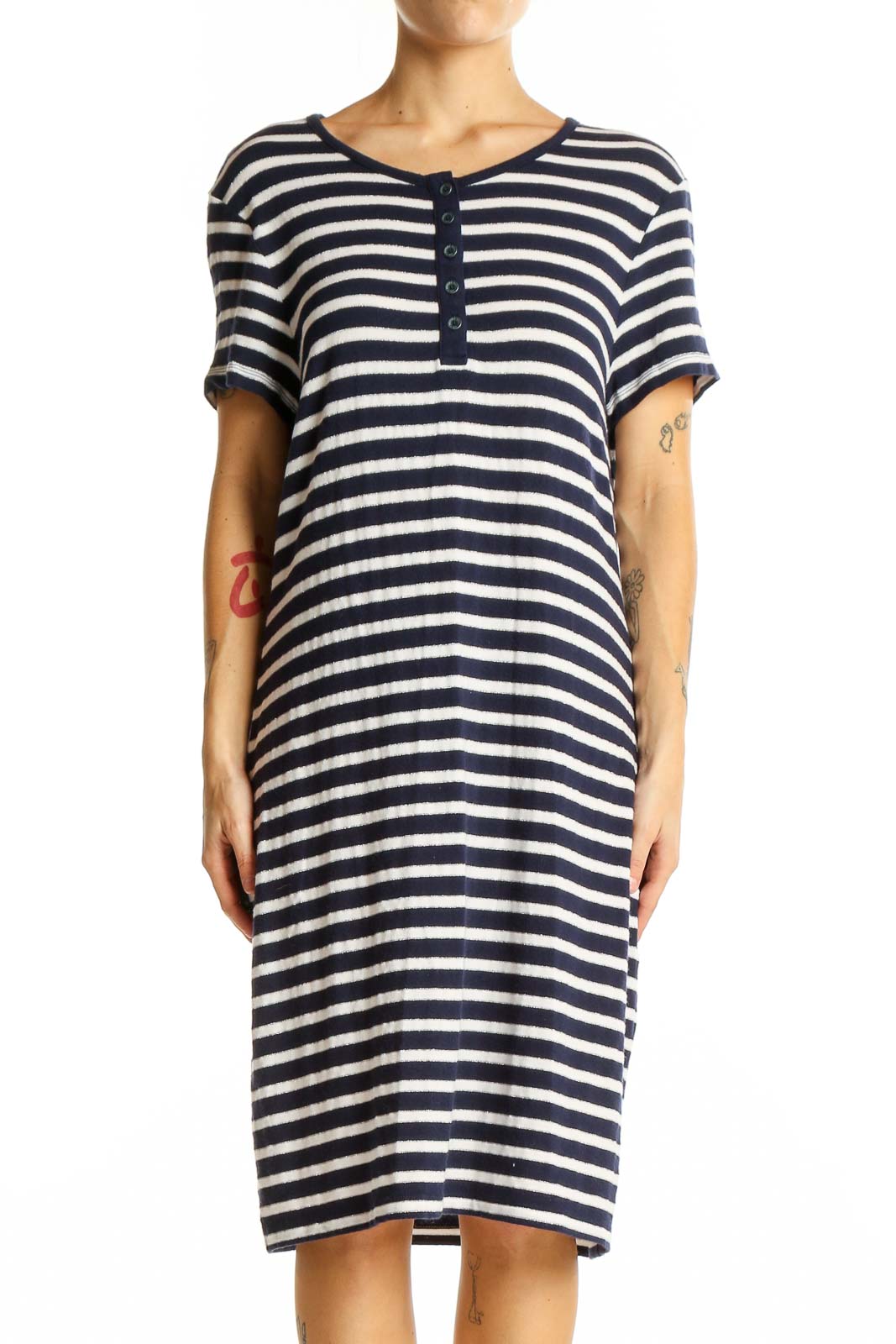 Navy and White Striped Henley Dress Front
