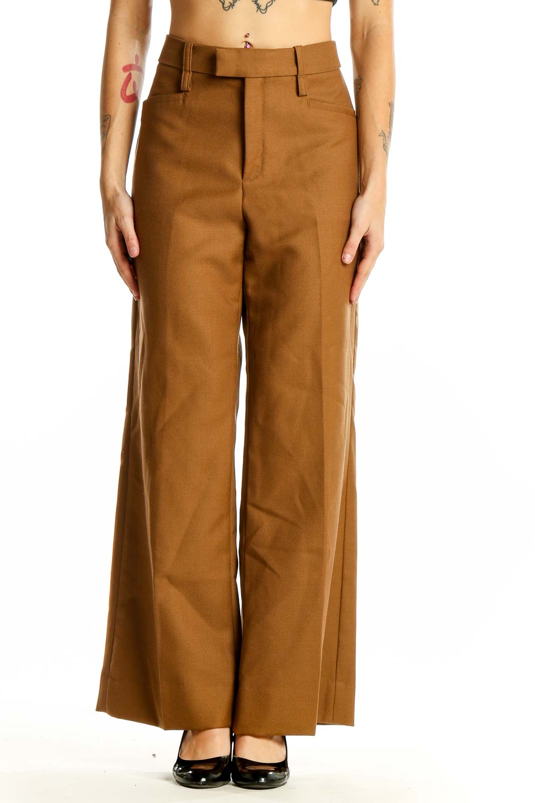 Brown Wool Wide-Leg Trousers Front