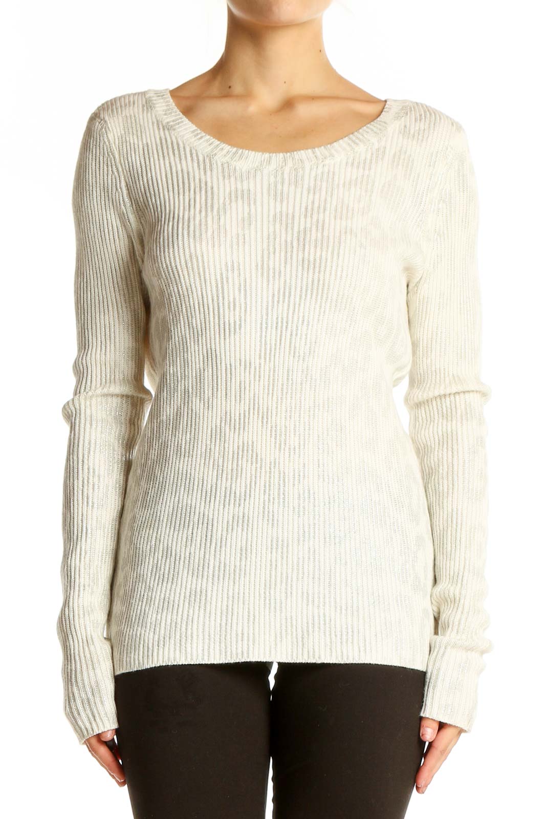 Cream Ribbed Long Sleeve Sweater Front
