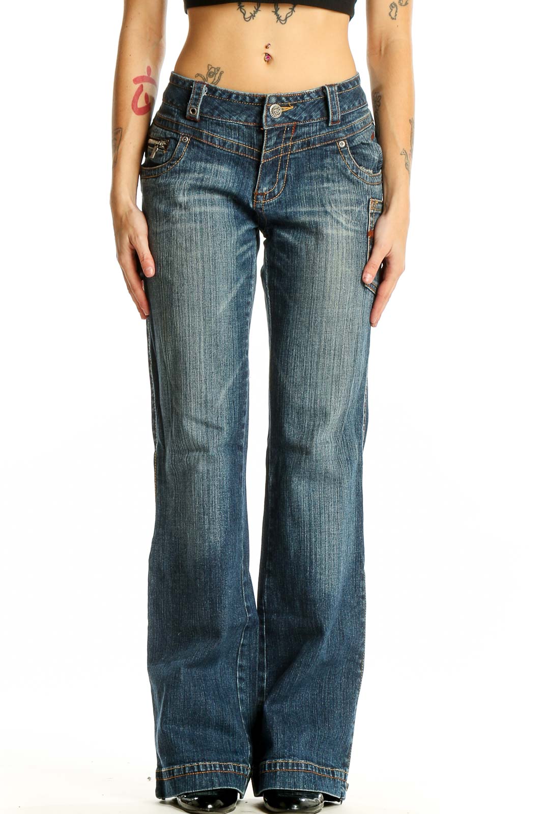 Blue Distressed Wide-Leg Denim Jeans Front