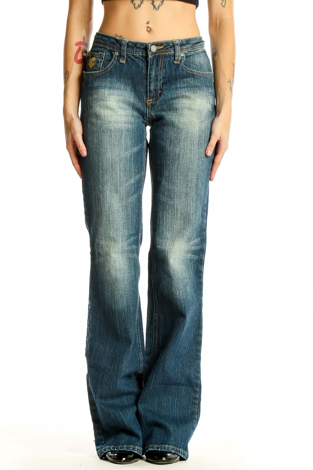 Blue Distressed Wide-Leg Denim Jeans Front