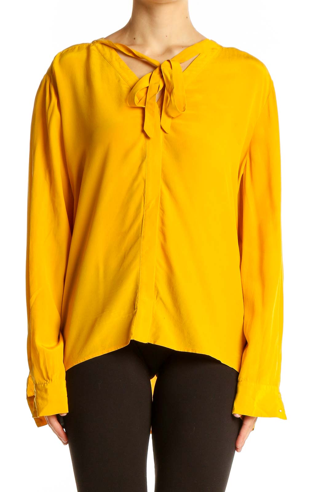 Yellow Silk Tie-Neck Blouse Front