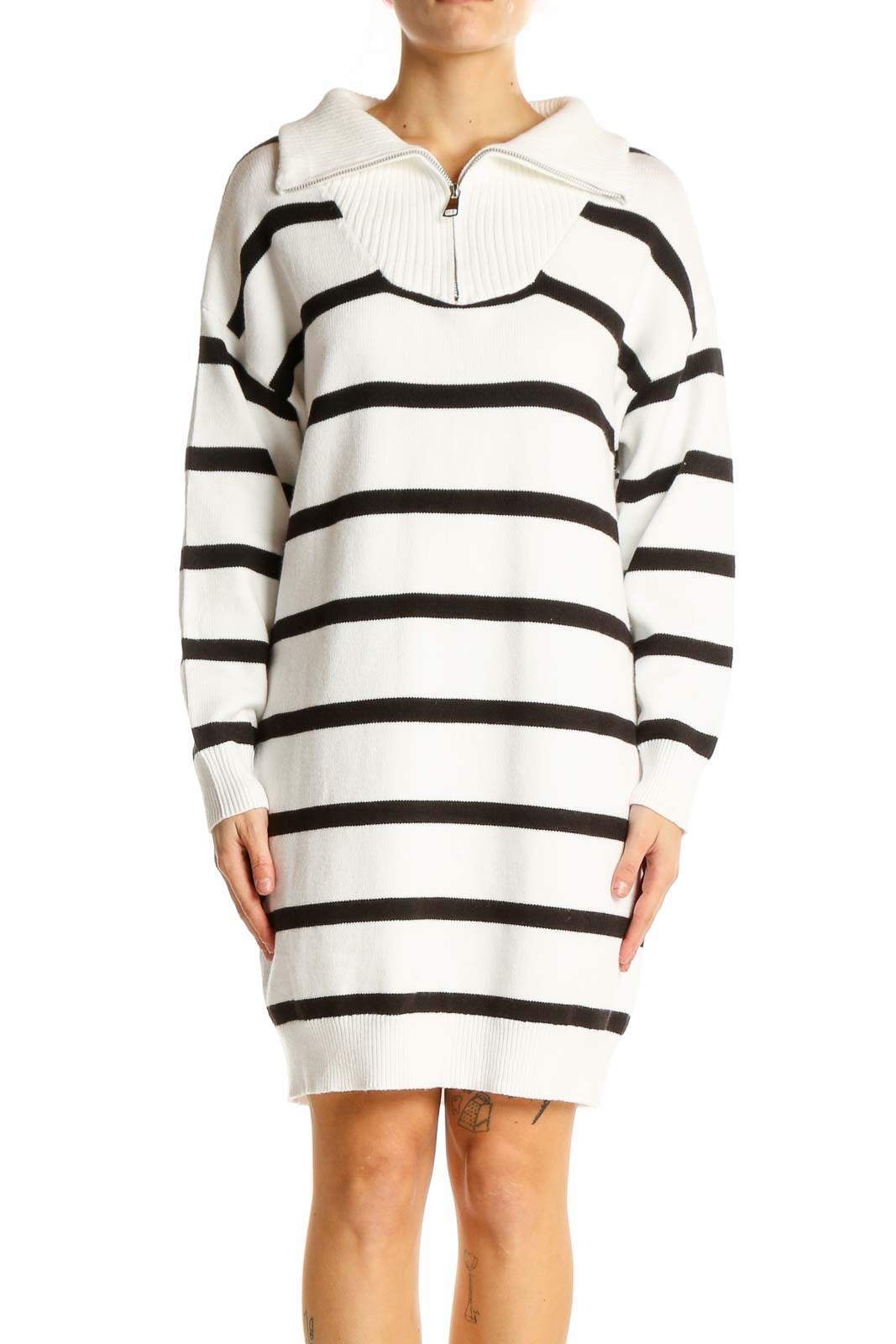 White and Black Striped Knit Sweater Dress Front