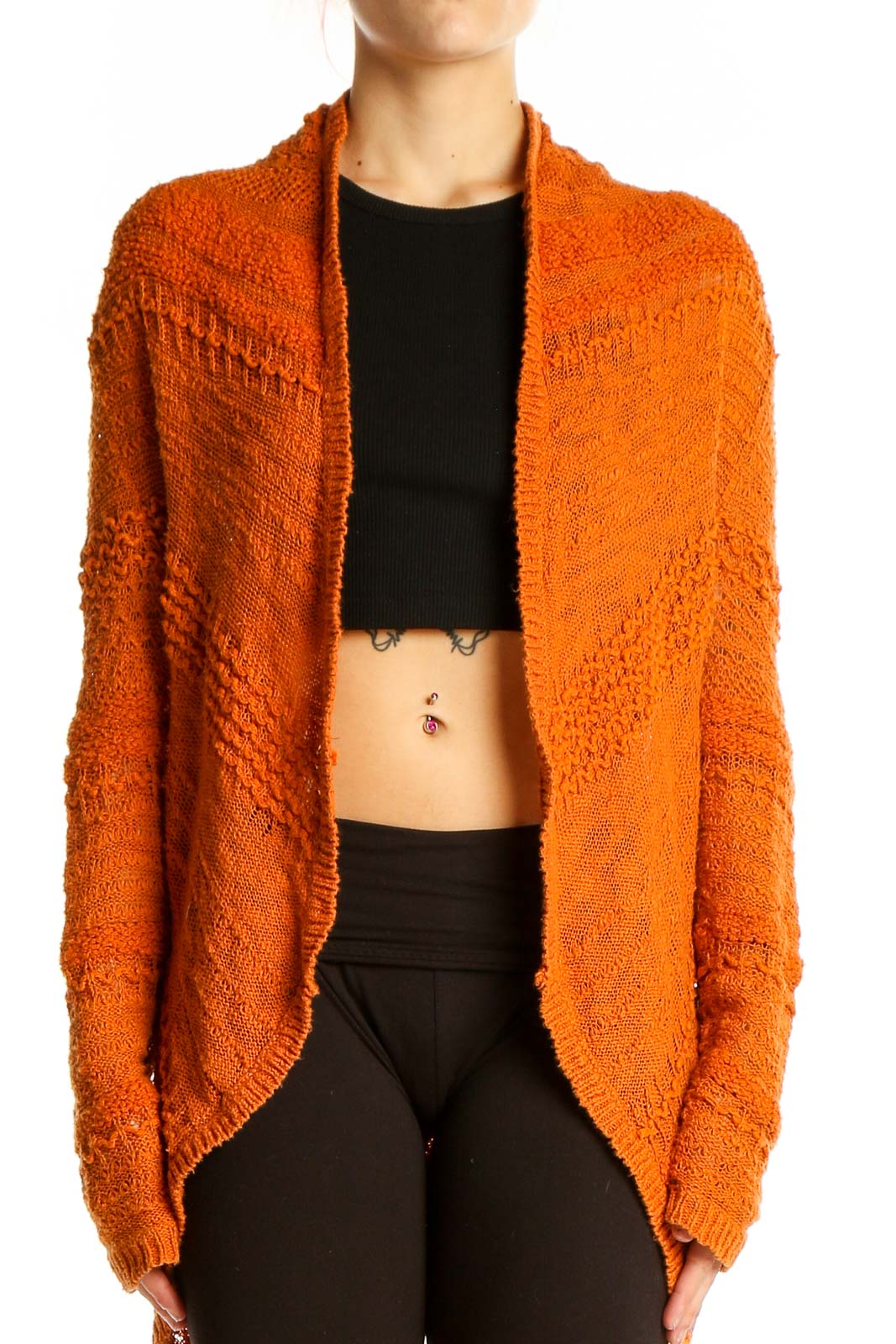 Orange Textured Knit Open Cardigan Front