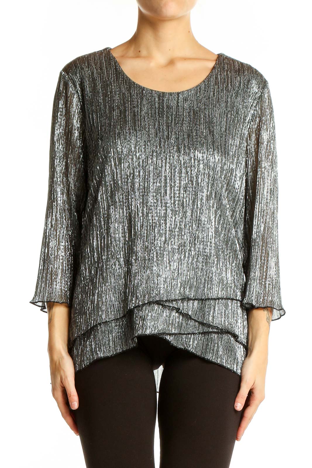 Silver Metallic Layered Blouse Front